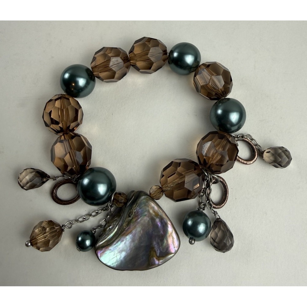 Mother Of Pearl Womens Brown Faceted Bead Teal Faux Pearl Charm Stretch Bracelet